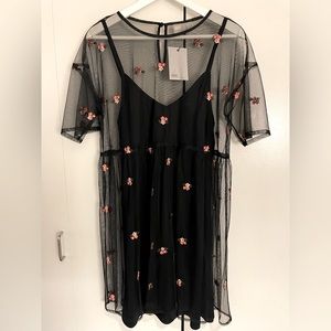 Sheer Embroidered Floral Short Sleeve Dress from ASOS (black)